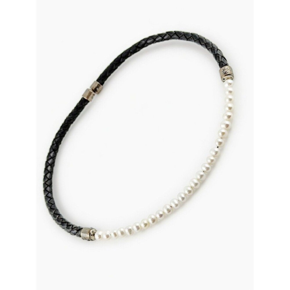 VTG Boho Braided 15.5" Black Leather Freshwater Pearl Choker - .925 Silver Beads